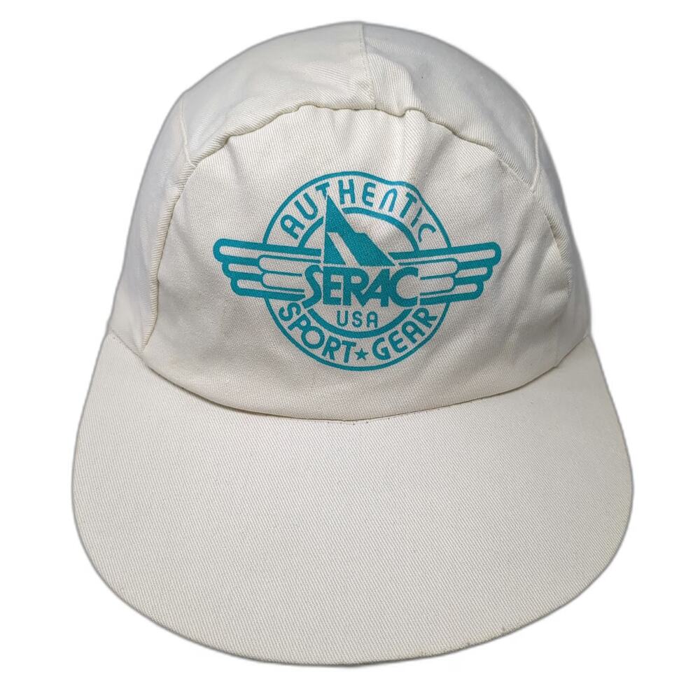 Serac 5 Panel Hat White Blue OSFM Elastic Back Sport Gear USA Logo Screen Print